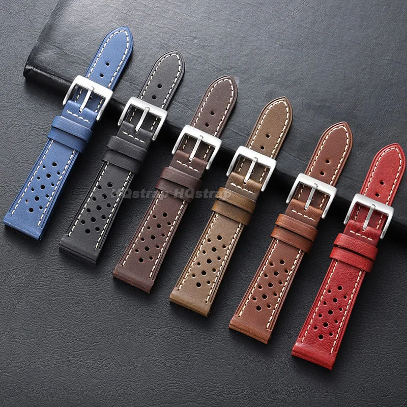 20mm 22mm 24mm Leather Watch Band Porous Breathable Cowhide Strap for Seiko for Omega Bracelet Business Replacement Wristband