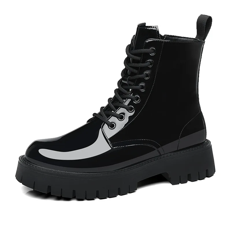 men fashion platform boots brand designer shoes stage nightclub patent leather motorcycle boot lace-up cowboy ankle botas hombre