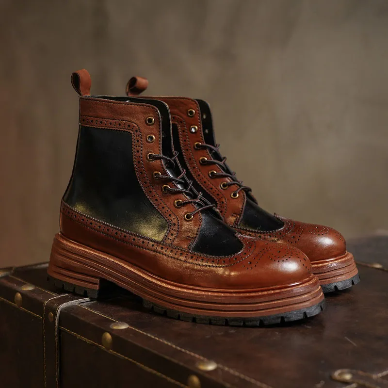 Men's Genuine Leather Chelsae Boots Brogue Carving Shoes Retro High-top Round Toe Mid-calf Thick Heel Western Riding Boots Brown