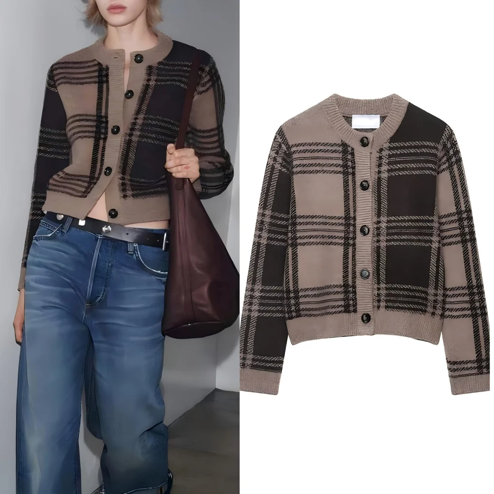 

Women's new fashion comfortable soft texture O-Neck plaid knitted Coat retro long sleeved Button-up women's Coat chic top