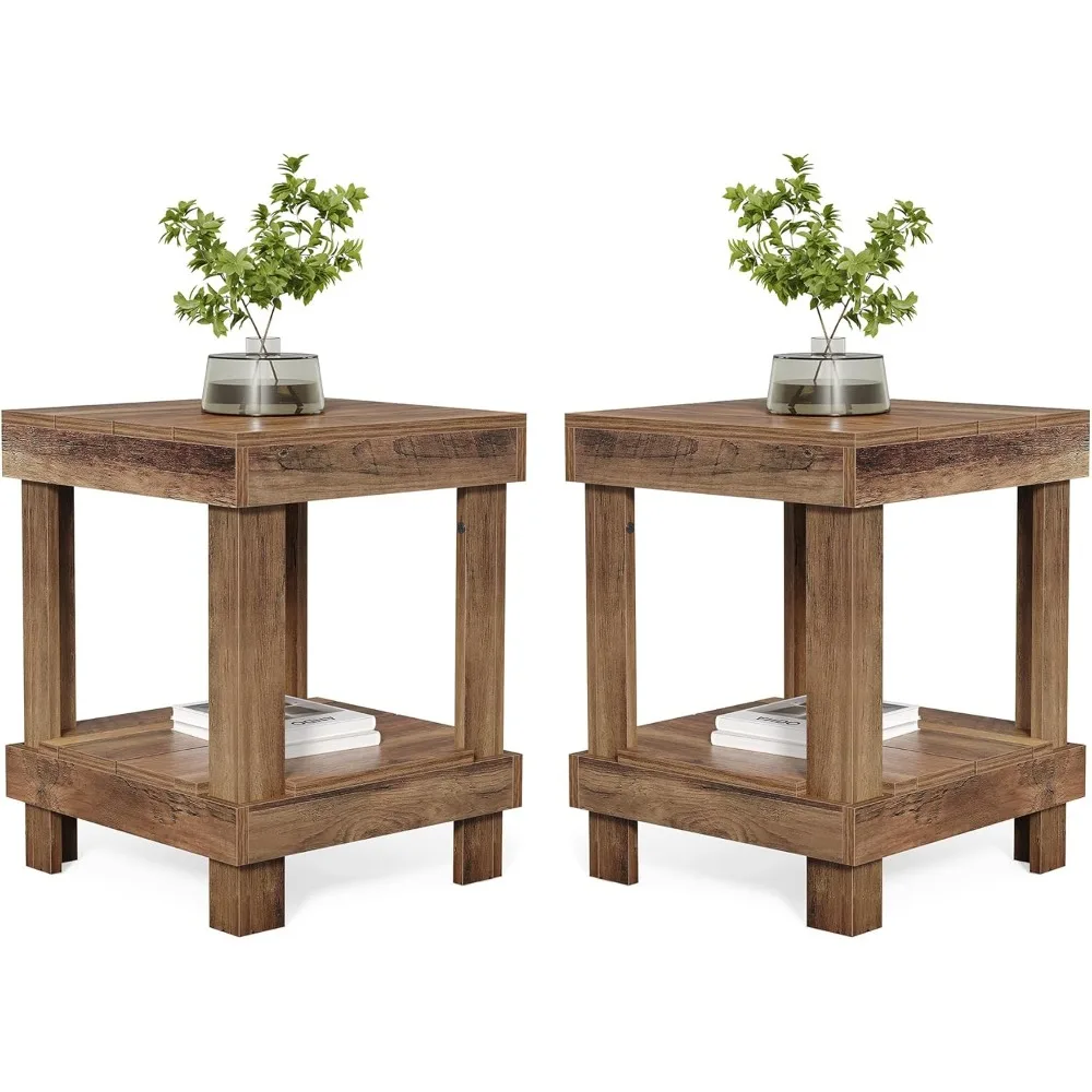

end table set of 2, all wooden 2-tier square side table with storage shelves, farmhouse style side end table for living room, s