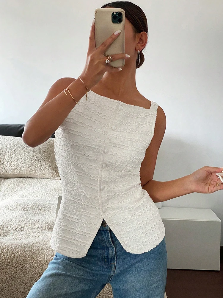 Chic dentelle sans manches gilet femmes été bouton col carré solide blanc noir plissé hauts femme décontracté bureau dame nouveaux t-shirts Outf