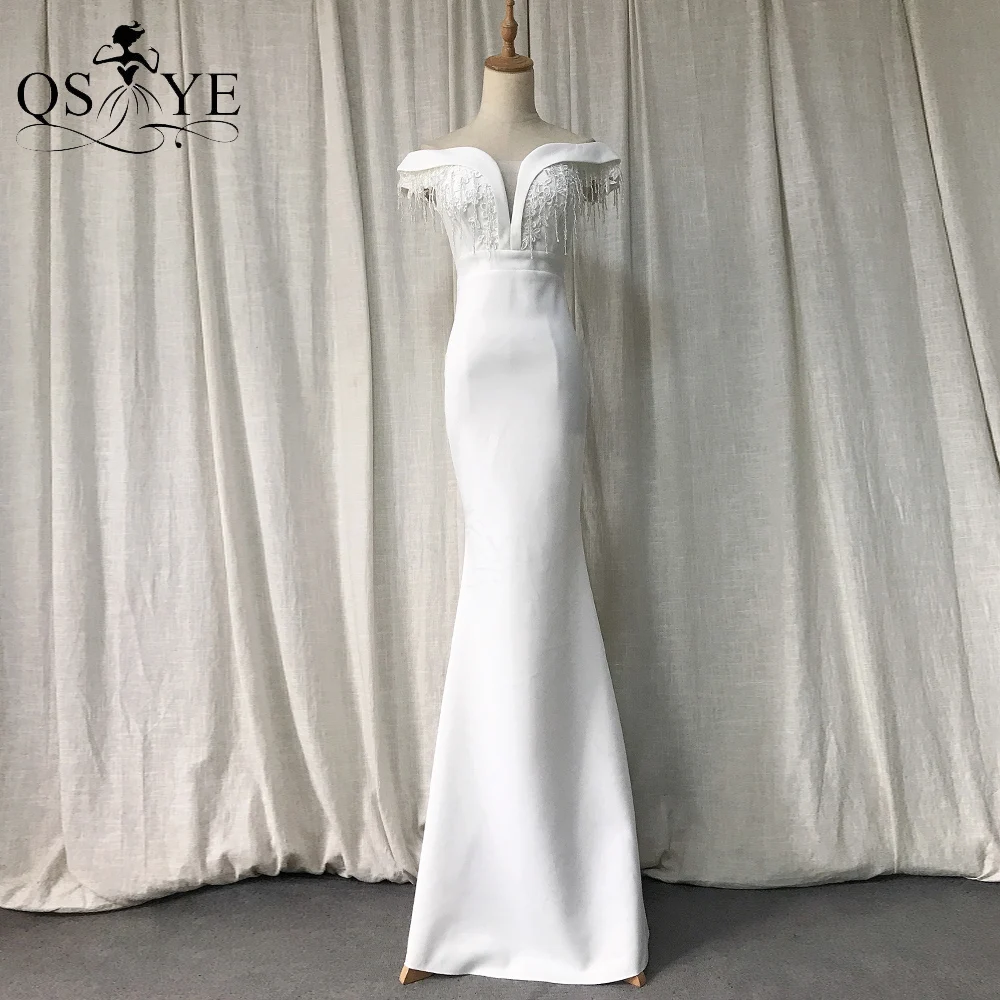 Abiti da sposa bianchi in pizzo con perline spalle scoperte maniche laterali a sirena Appliques abito da sposa con nappe elegante abito da sposa Chic