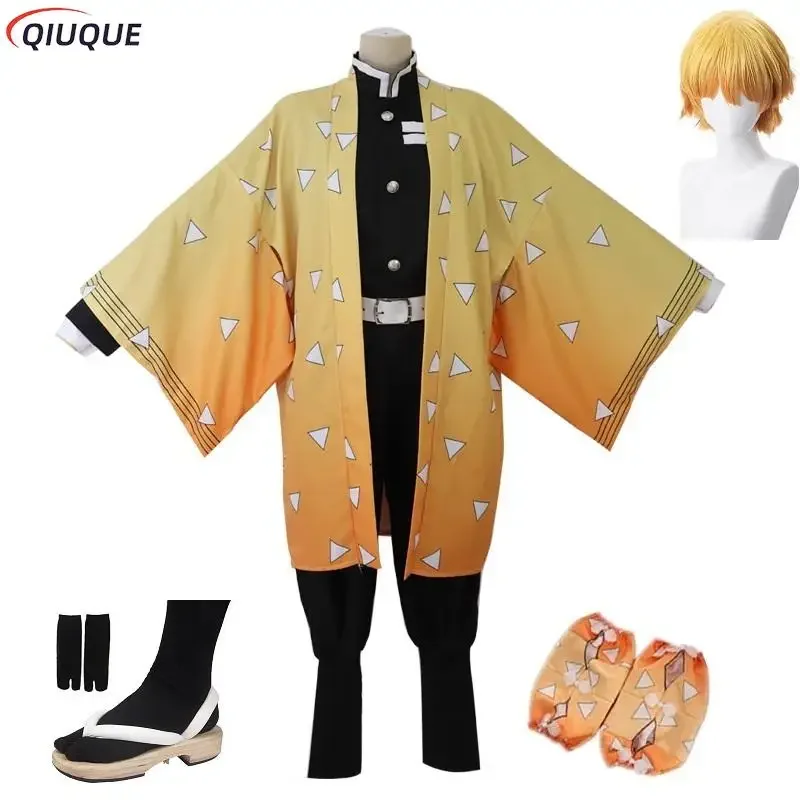 

Adult/kids anime Agatsuma zenitsu cosplay costume wig shoes men kimono yellow cloak outfits