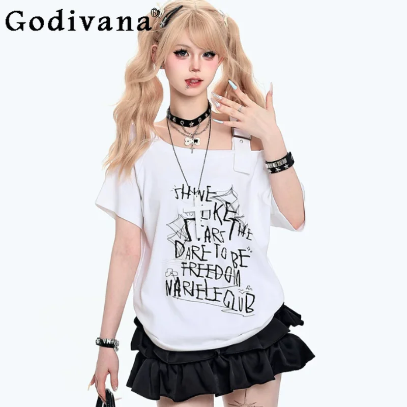 American Retro Print Slanted Shoulder Short Sleeve T-shirt Women Summer Loose Versatile Age-reducing College Off-shoulder Tops