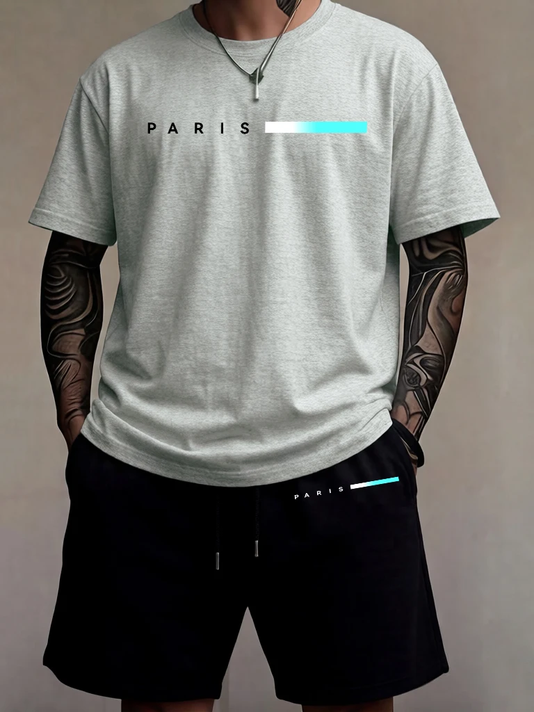 

Paris Creative Letter Prints Man Simple Running Streetwear 2Pc Suits New Cotton Cool Short Sleeve Comfortable Summer Britches