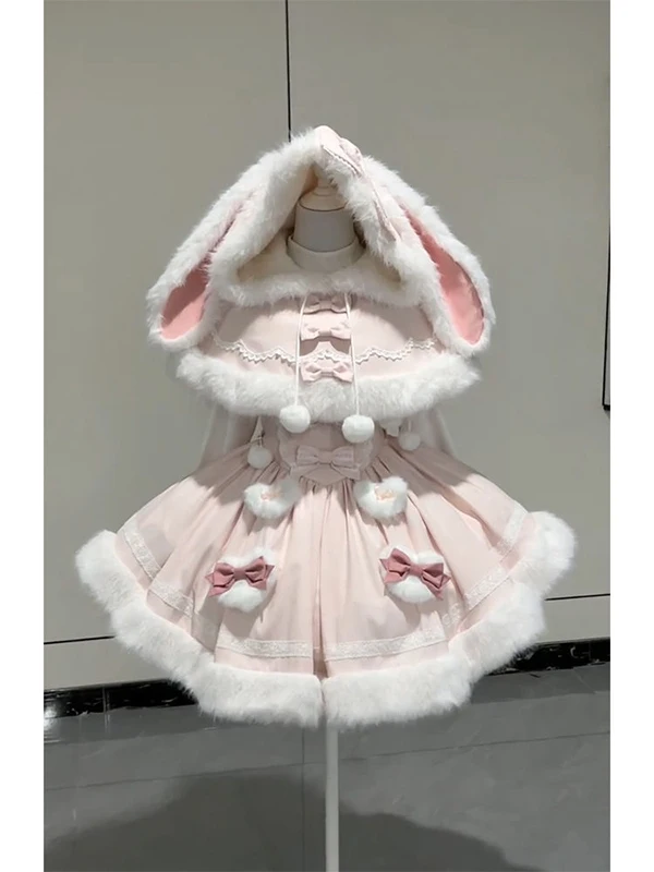 Pink Cute Japanese Style Elegant Lady Cape Bow Lolita Sweet Coat with Princess Dress Set Winter Elegant Outfits for Women