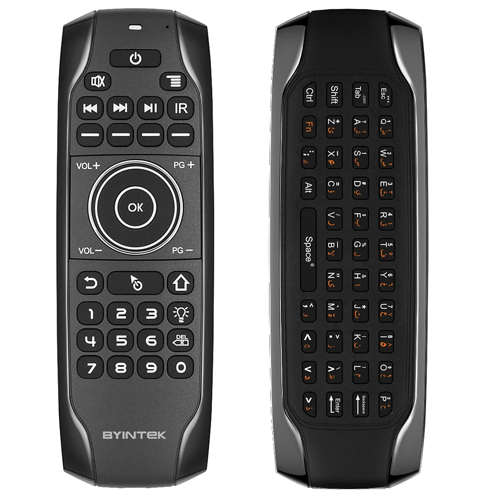 BYINTEK ماوس هوائي لاسلكي باللغة الإنجليزية/العربية مع جهاز تحكم عن بعد للكمبيوتر اللوحي الذكي جهاز عرض أندرويد/صندوق التلفزيون/التلفزيون