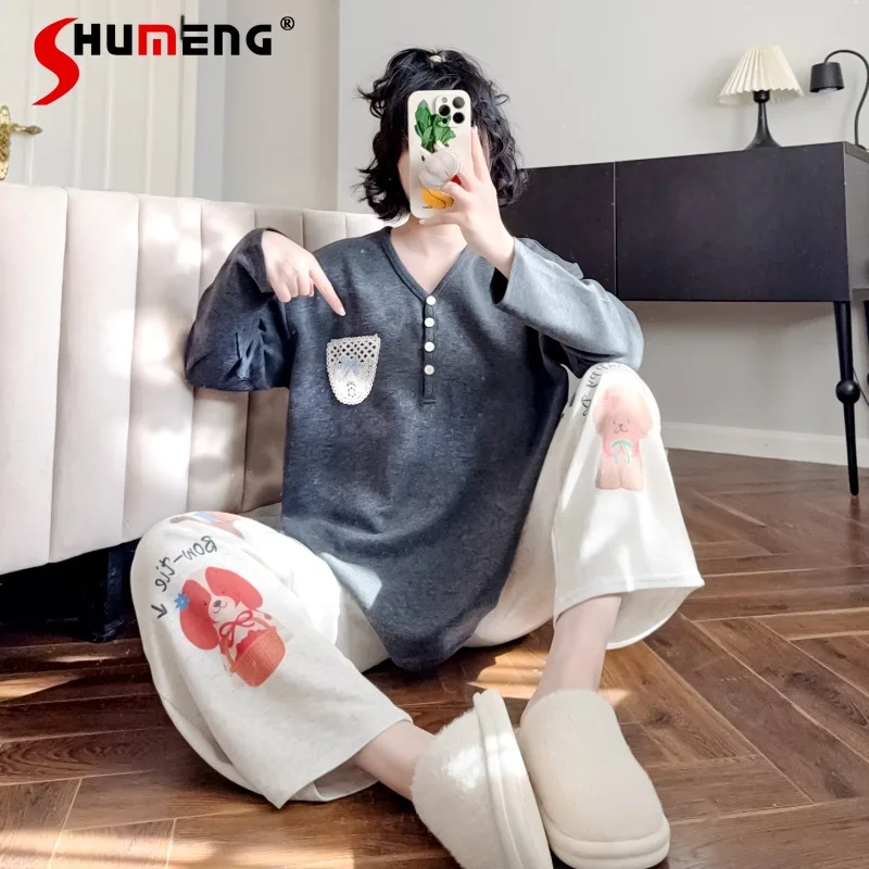 

Свободная уличная одежда, домашняя одежда на осень-зиму, пижамы с длинными рукавами и героями мультфильмов для женщин, повседневная женская одежда из чистого хлопка