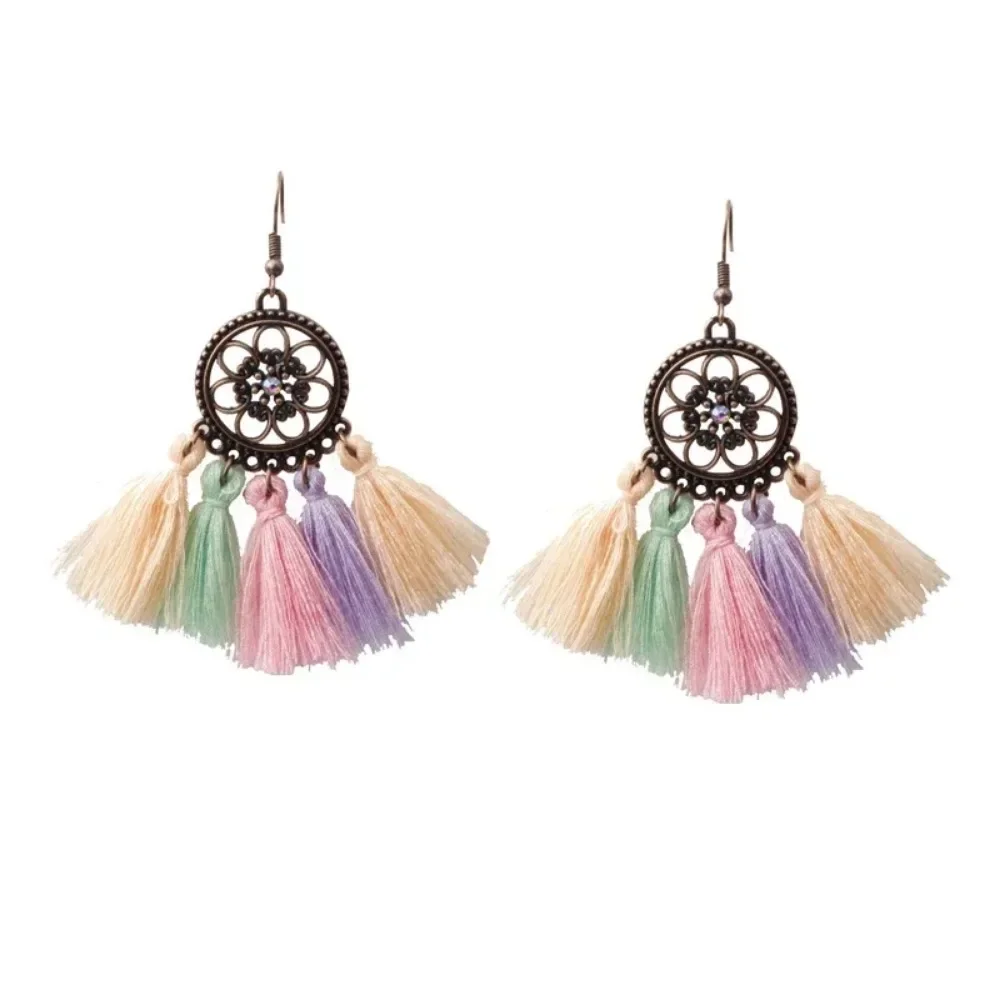 FSUNION New Ethnic Bohemian Drop Dangle Long Rope Fringes Retro Tassel Earrings Red Sector  For Women Party Jewelry Gift