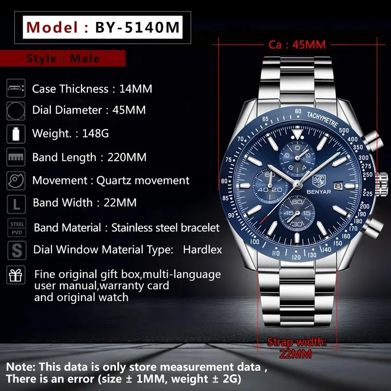 BENYAR 5140 Casual Sports Men Watch Luxury Waterproof Men Quartz Watches Top Brand Military Chronograph Watches for Man