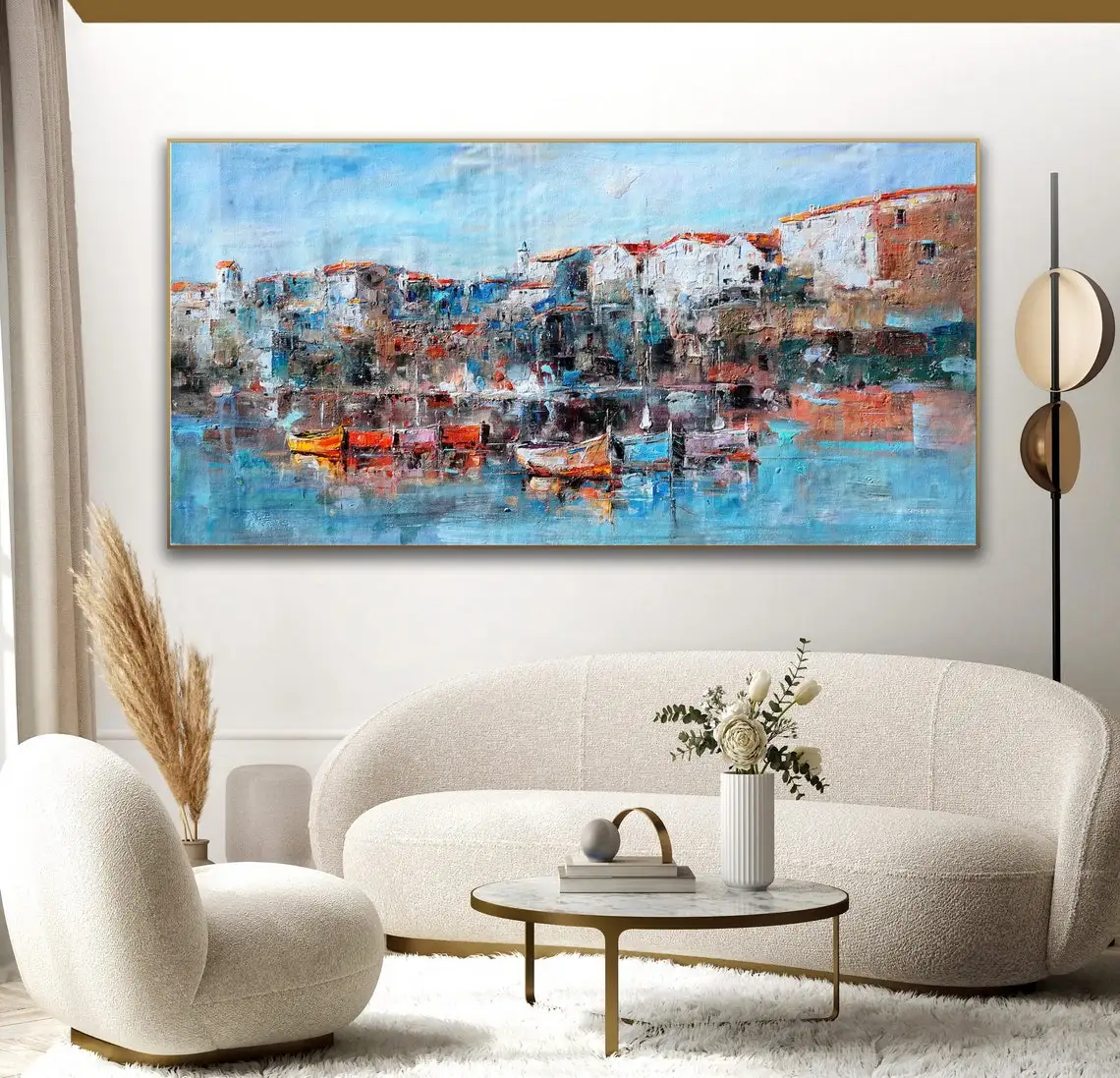 Boat Oil Painting Handmade On Canvas Italian Landscape Seascape Seaside Seashore Beach Harbor Boat Lakeside Lakefront Wall Art