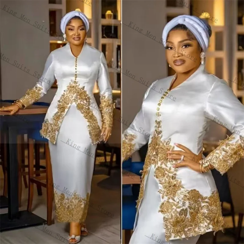 

White Satin Women Suit Skirt Set 2 Pieces Blazer+Prom Dress Gold Appliqued Customized Office Lady Jacket Wedding Tuxedos Coat