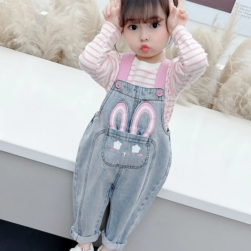 Kids Jeans Casual Jumpsuits Fashion Girls Autumn Clothes Cute Wings Cartoon Baby Overalls Denim Suspender Pants Toddler Rompers