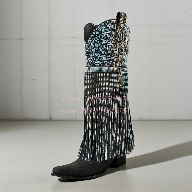 Silver Pointed Rhinestone Fringed Long Boots Metal Buckle Bling Thick Heel Sandals Women's Sexy Hot Chick Party High Heel Boots