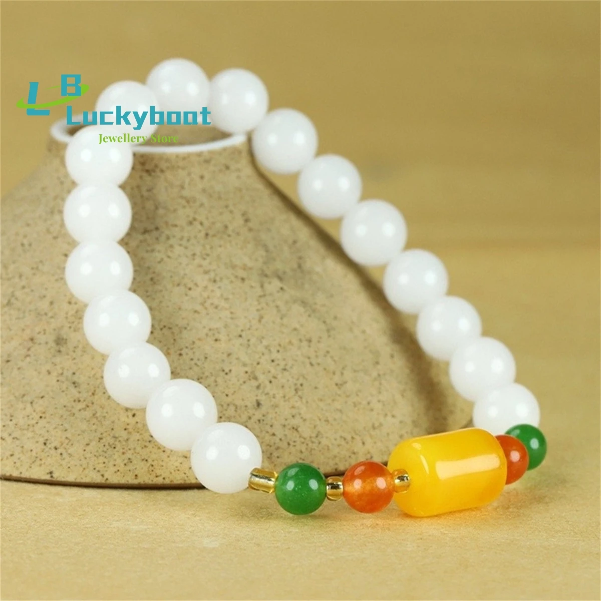 

Natural Xinjiang Kunlun White Gold Silk Jade Round Beads Fashion Versatile Charm Women's Single Ring Jade Bracelet Ethnic Style