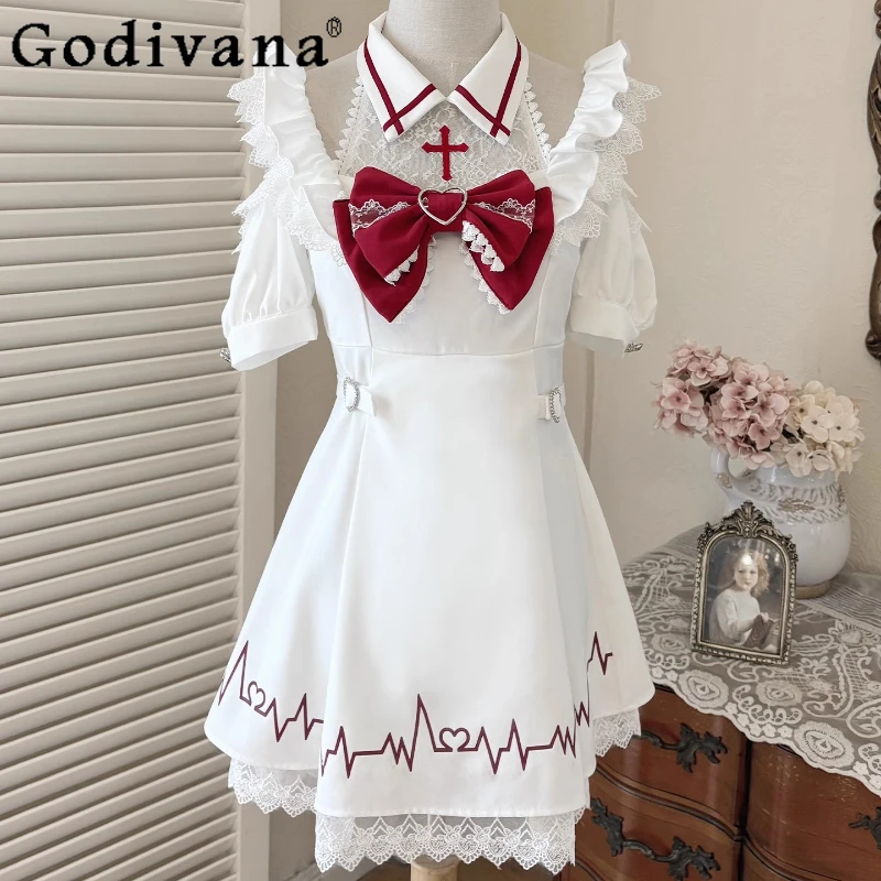 

Off Shoulder Bow Collar Lolita Dress for Women Original Subculture Mass Produced Dress Female Japanese Lace Short Sleeve Dress