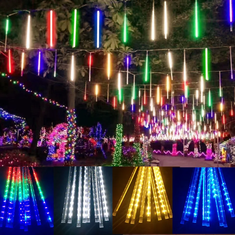 LED Meteor Shower String Lights, Fairy Guirlanda, árvore de Natal, decoração do jardim, casamento, feriado, festa de casamento, UE, EUA Plug, 8 tubos