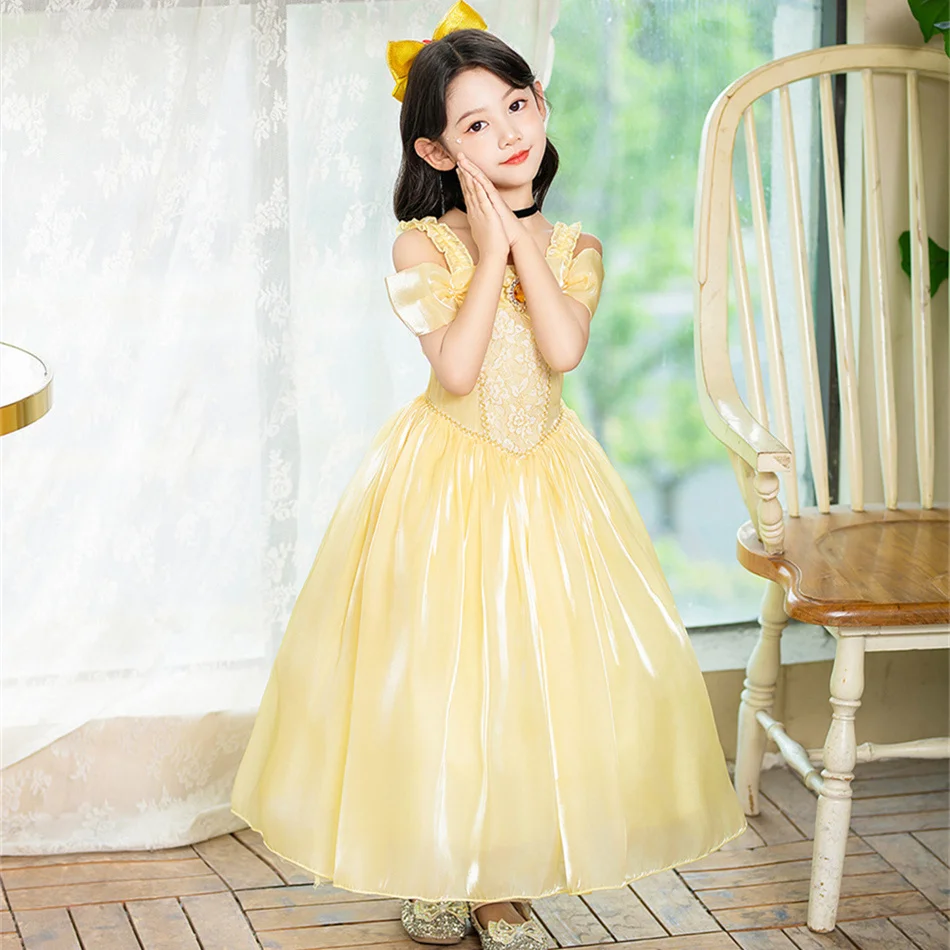 Girls Belle Halloween Birthday Ball Gown Beauty Beast Cosplay Frocks Children Princess Party Dress Kids Holiday Charm Clothing