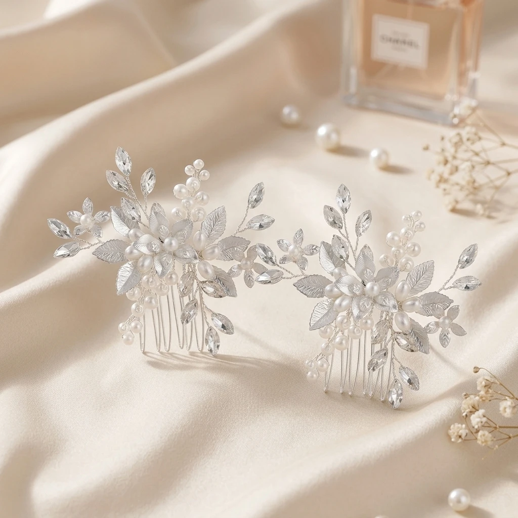 2Pcs Flower Hair Combs Elegant Silver Color Alloy Bridal Accessories for Wedding Party Updo Hairstyles Graceful Jewelry Set