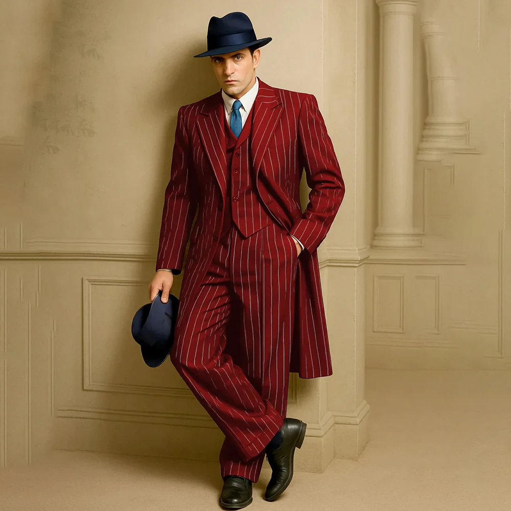 

High Quality Suits for Men 3 Piece Jacket Pants Vest Fashion Pinstripe Single Breasted Peak Lapel Blazer High Quality Outfits