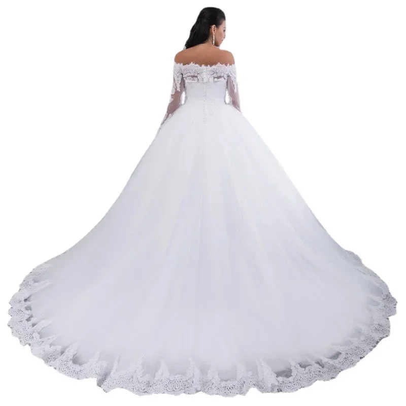 맞춤 제작 레이스 웨딩 드레스 긴 소매 오프숄더 튤 퍼프 브라이덜 가운 긴 소매 맞춤 제작 웨딩 드레스 2023