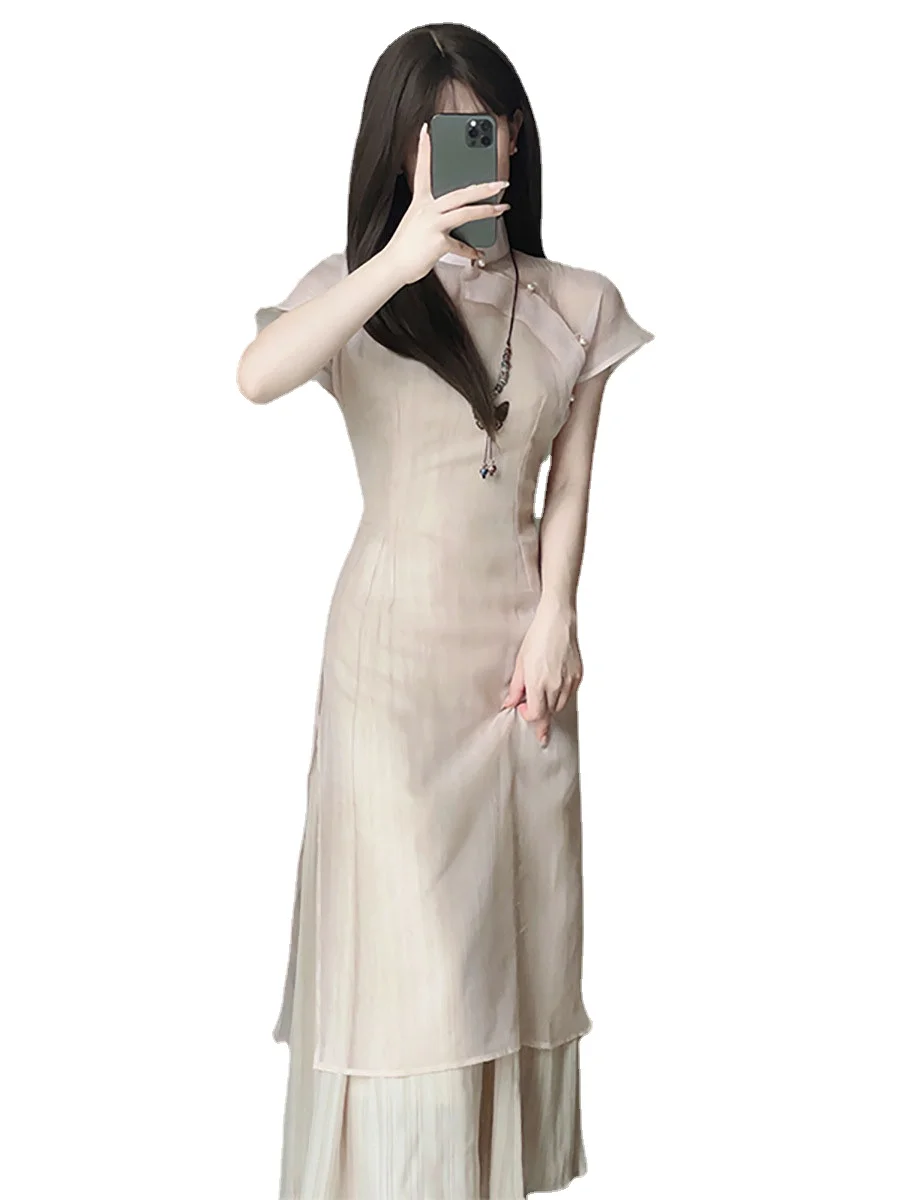 2023 Summer Beige Vintage Style Cheongsam Short Sleeve Slim Dress Wedding Costumes Elegant One Set Dress S To XXL