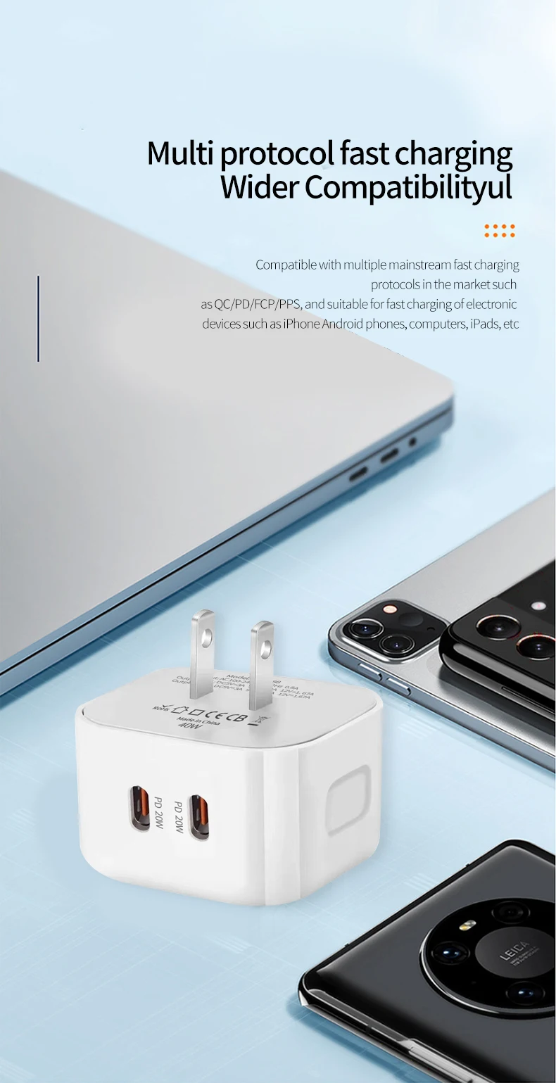 40W Type C Charger Fast Charging Dual PD QC 3.0 Mobile Phone Charger Adapter For iPhone Samsung Huawei Xiaomi USB C Wall Charger