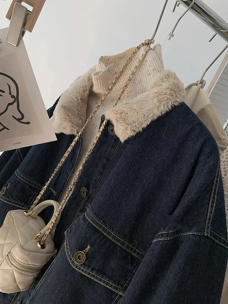 Chaqueta vaquera de felpa Vintage para mujer Y2K, abrigos vaqueros cálidos con solapa gruesa y holgada para invierno, ropa de calle con una botonadura, prendas de vestir que combinan con todo