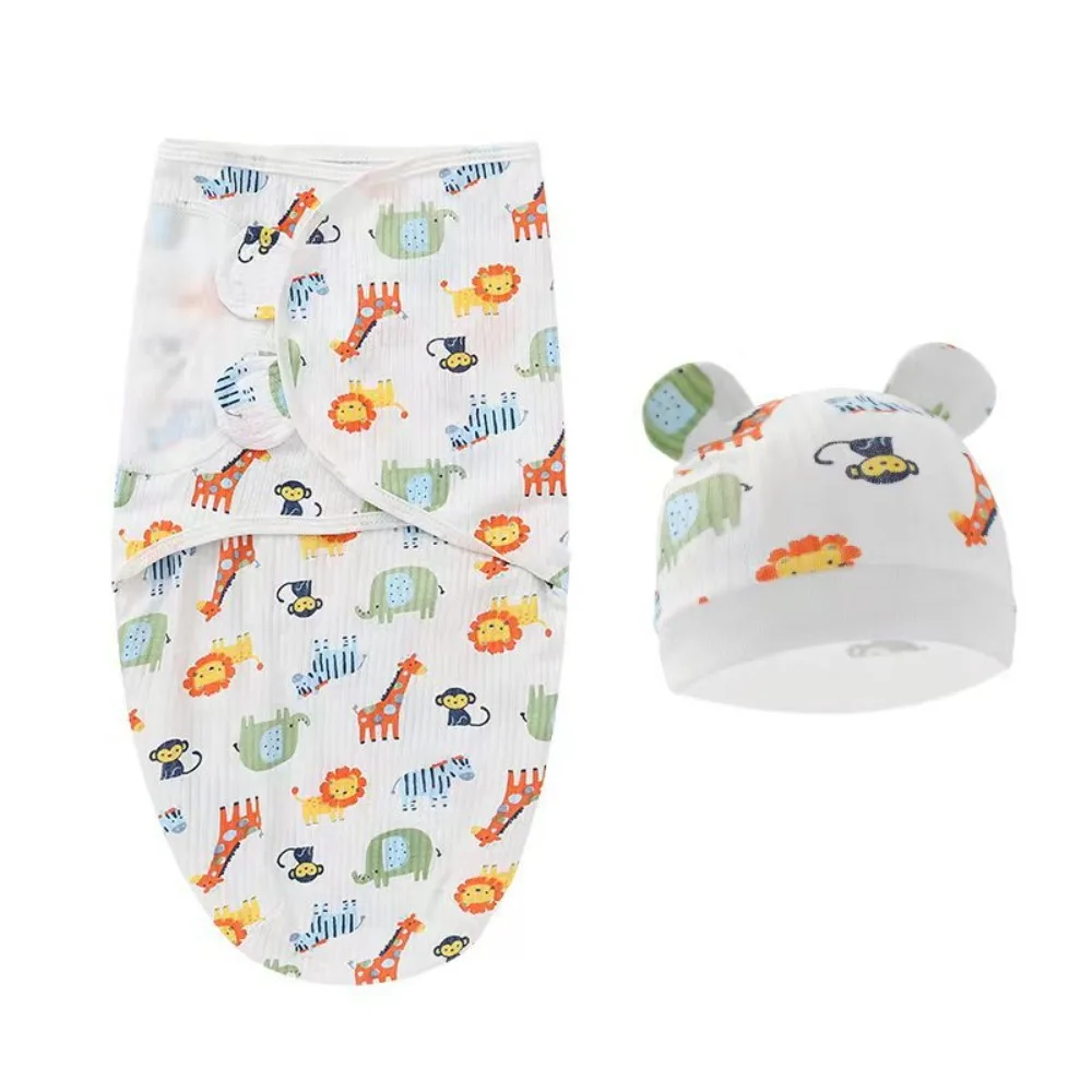 

Adjustable Cartoon Cute Newborn Sleeping Bag Swaddle Cotton Wrap Hat Set