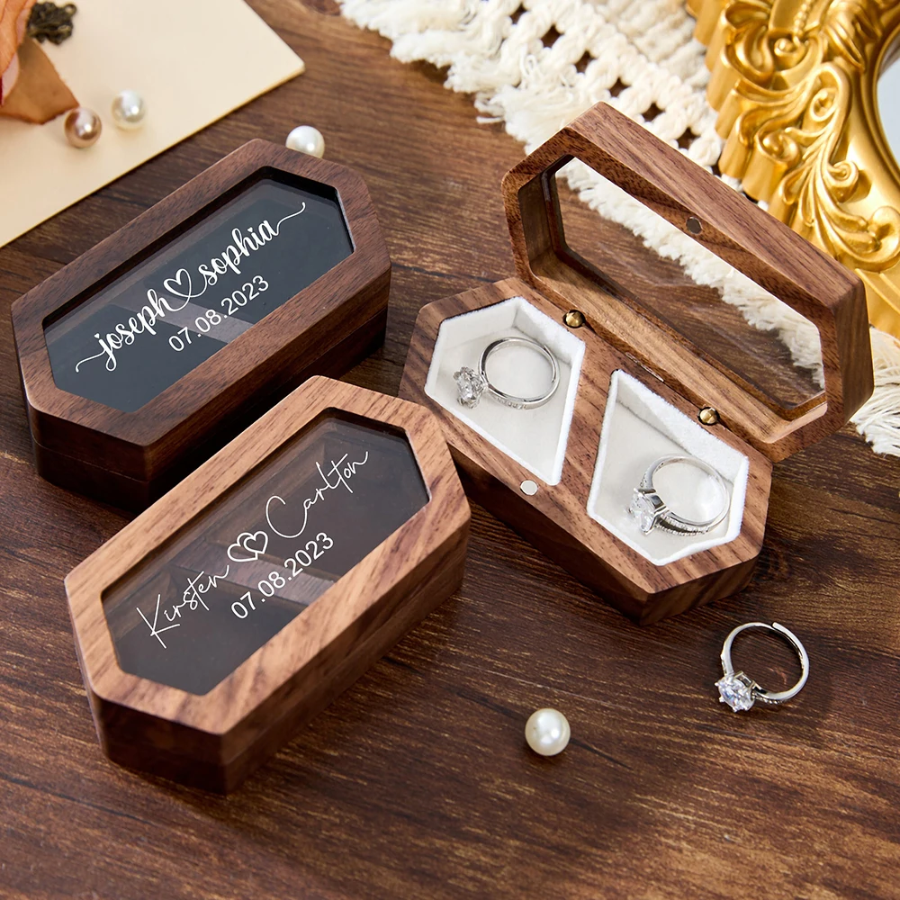 

Personalized Wedding Ring Box,Double Slot Wood Ring Box for Proposal,Rustic Engagement Ring Holder Gift for Wedding Ceremony