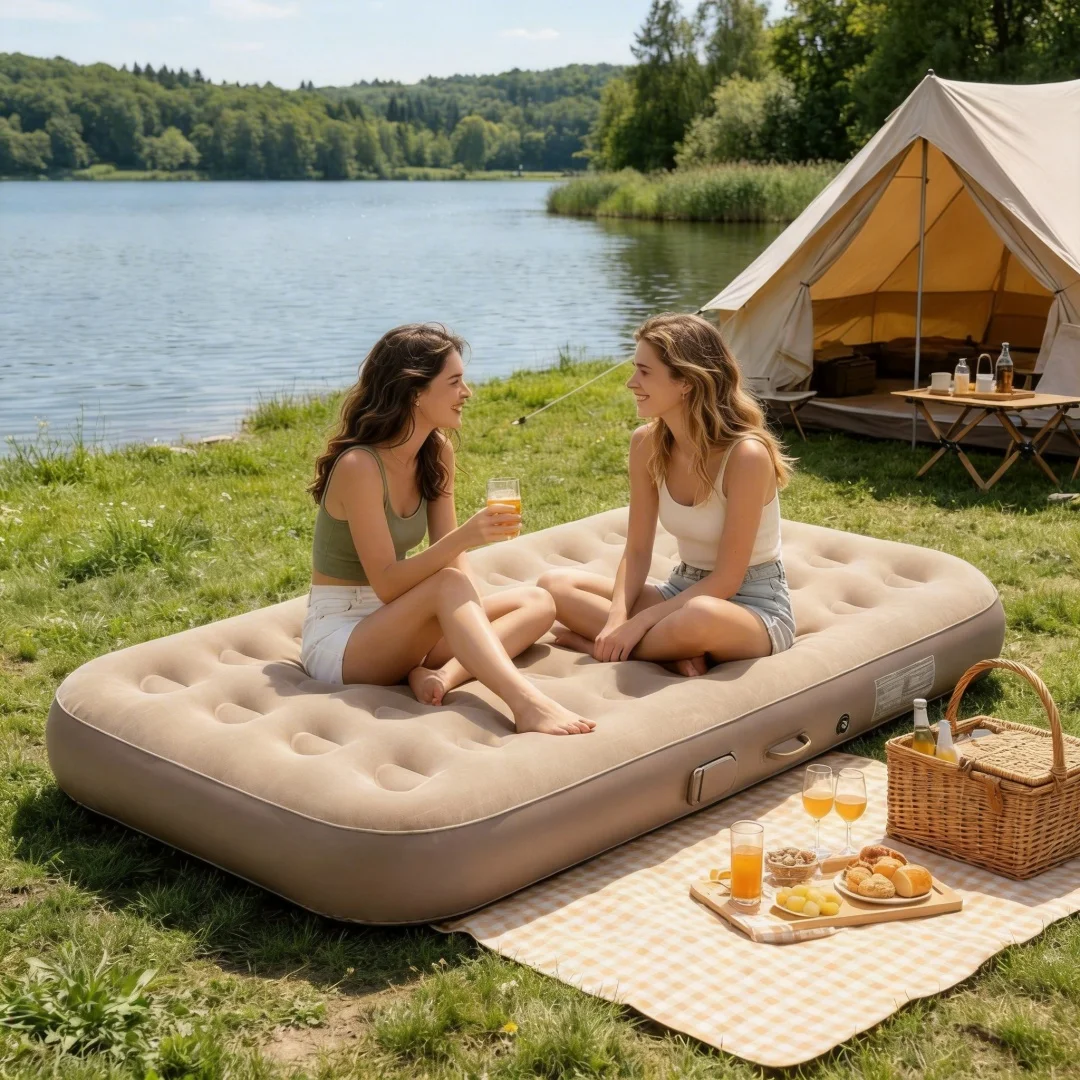 Colchón de Aire Interior para Camping, Colchoneta Inflable de PVC, Colchón de Dormir de Lujo para 1/2 Personas, Colchoneta de Camping con Bomba Integrada, Colchón Grueso