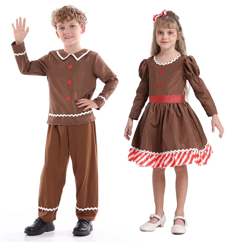 Kind Lebkuchen Mann Kostüm für Mädchen Kleid Weihnachten braun Gin brote Elfen Split Anzug Jungen für Halloween Cosplay Party