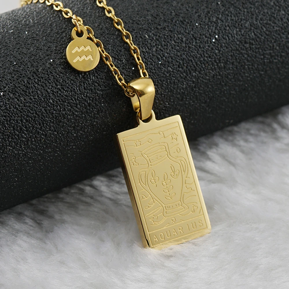 12 Constellations Tarot Necklace Stainless Steel Plating Gold Color Square Zodiac Sign Pendant Clavicle Chain for Women Jewelry