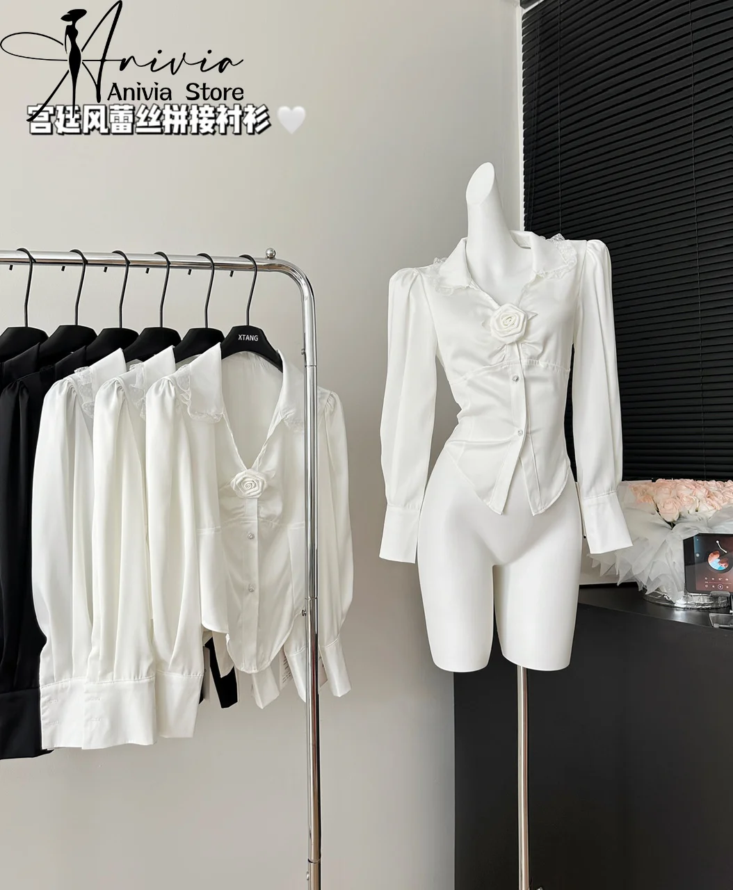 

Elegant Ladies Turn Down Collar Top Korean Blouses Women Commuting Flower Puff Sleeve Slim Shirts Fashion 2024 Spring Aummer
