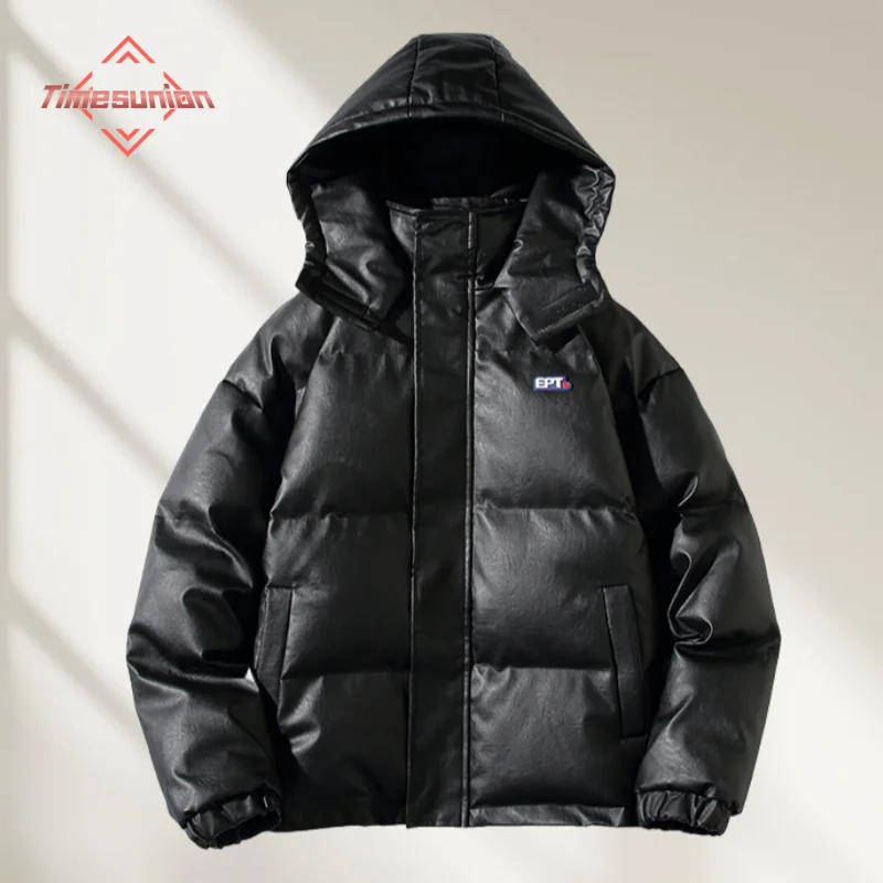 

Men's Winter Jacket Thickened Padded Hooded Cotton Jacket PU Leather Waterproof Casual Loose Coat Warm Outerwear Cold Proof Coat