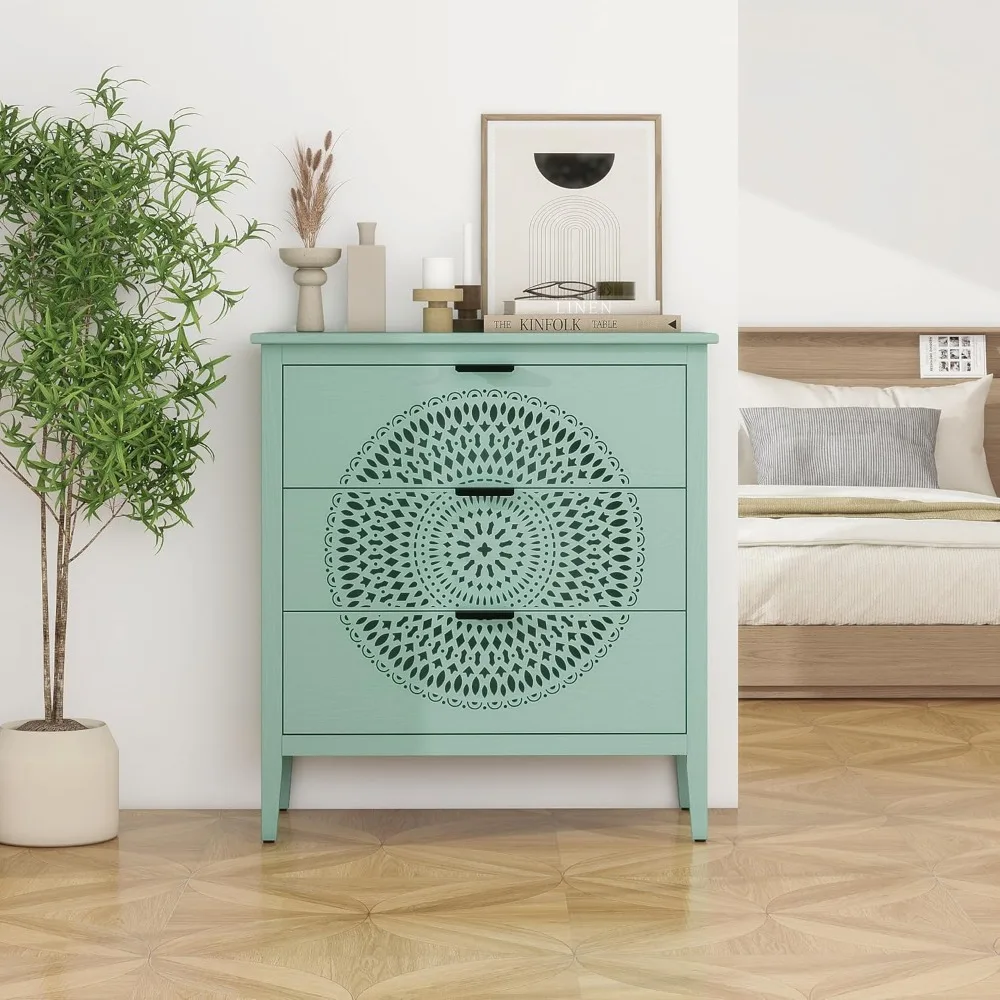 

Nightstand with Hollow Carved Design and 3 Drawers, Wooden Storage Cabinet with Metal Handles, 3-Drawer Dresser Storage Chest