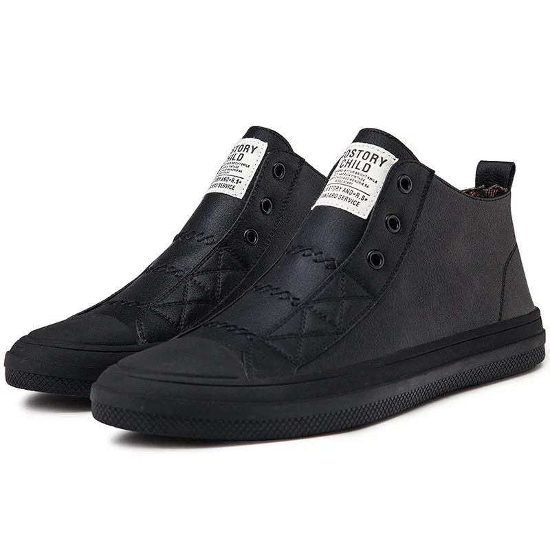 

Genuine Leather Men High top Fashion Sneakers Flat Black White Shoes Cool Street Young Male Footwear breathable board shoes