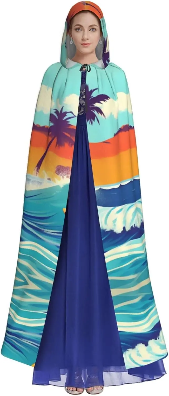 Hawaiian Surfer on Wavy print Adult Hooded Cape Carnival Festival Cape Cosplay Robe Costume party Gothic Carnival