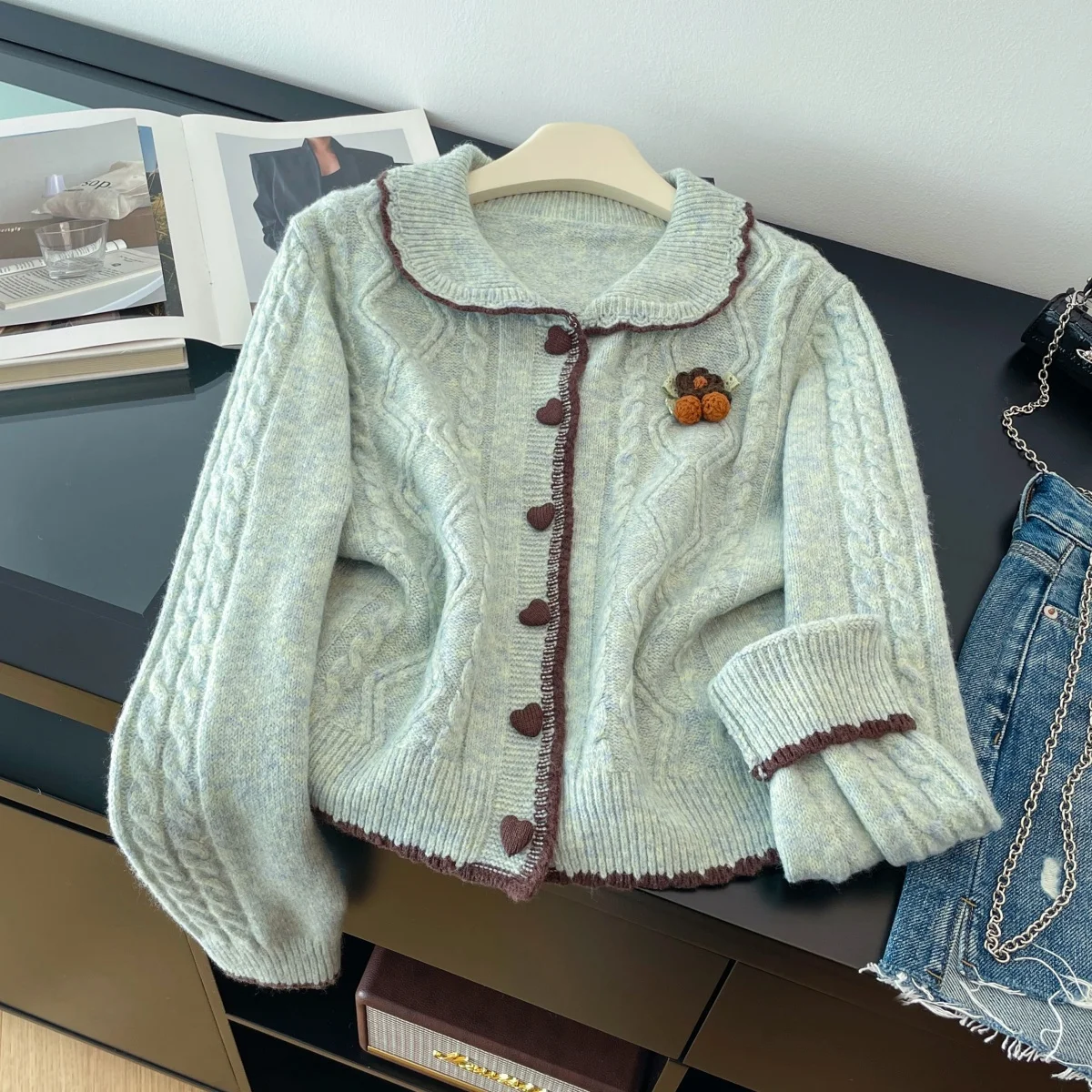 

Женский зеленый кардиган с воротником Питера Пэна 2000-х годов, винтажный джемпер в корейском стиле, вязаный кашемировый свитер с длинными рукавами для женщин, весна