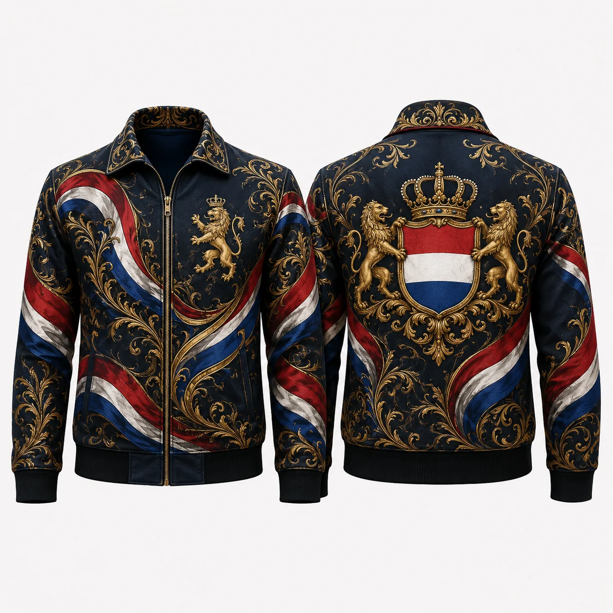 New Dutch Heritage Delft Blue Floral Jacket  Netherlands Lion Flag Graphic Coat Porcelain Style Jackets European Casual Fashion