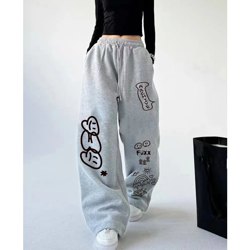 女性用ハイウエストプリントパンツ,ドローストリング付きロングパンツ,カジュアル,オールマッチ,ヴィンテージ,韓国,カワイイ,ソフト,キュート,新品