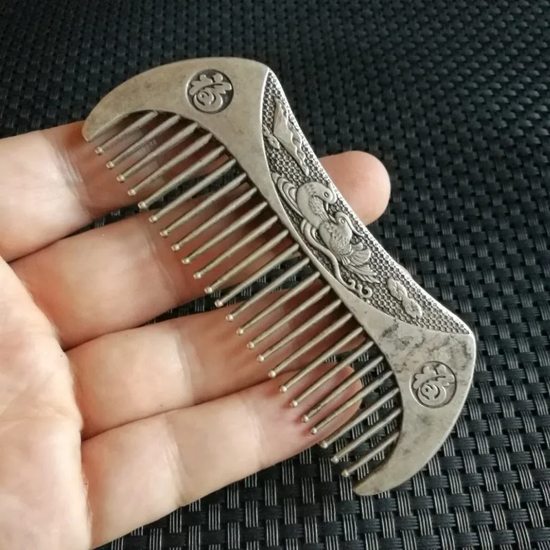 Antique White Copper -Plated With Character Fu And A Pair Of Mandarin Ducks, Old Silver , Makeup Comb, Holi