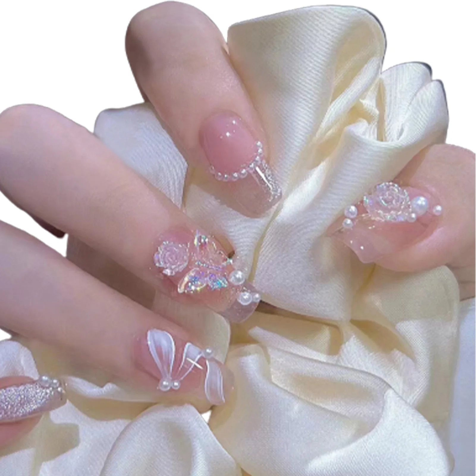 Pearl Flower Nude False Nails Easy to Fit Non-Marking Removable False Nails for Beginners Nail Salon Practice