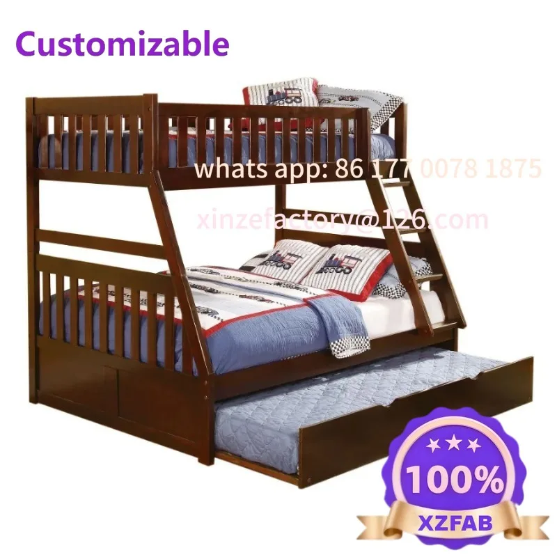 Customizable Cherry Finish Wooden Bedroom Furniture1pc Twin/Full Bunk Bed with Twin Trundle Dark