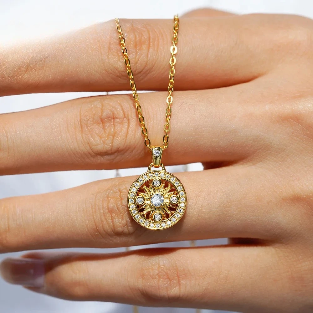 KyanGem Platinum PT950 18K Gold Traditional Eight Treasures Compass Necklace Sunflower Moissanite Pendant Collar Chain