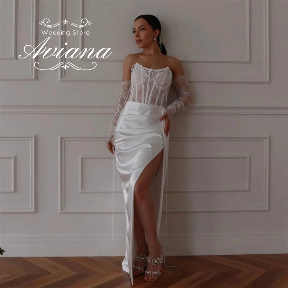 아비아나 맞춤형 스트랩리스 레이스 자수 머메이드 웨딩드레스 하이 슬릿 슬리브리스 러플 진주 비딩 스트레인 보트넥