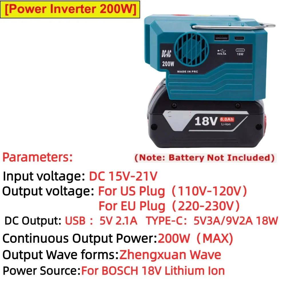 200W Power Inverter for BOSCH 18V Lithium Ion Battery Adapter with 110V~230V AC Outlet with USB LED Light （No Battery）