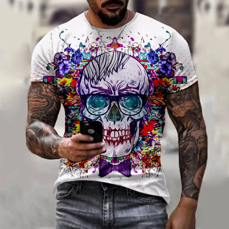 2023 summer New Men\'s Retro round neck T-shirt 3D Print Skull Pattern Trend Fashion Loose  Short Street Sleeve Tops Men Garment