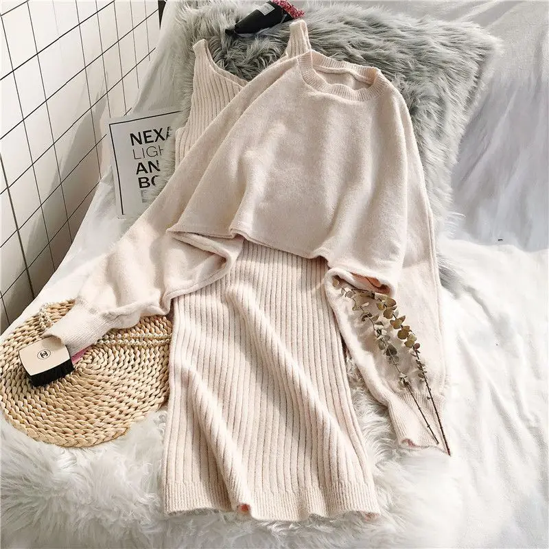 Autumn Winter New Solid Bat Sweater Sets Women Korean Loose Knitted Pullovers + Strap Sleeveless Sweater Dress Two-piece Suits